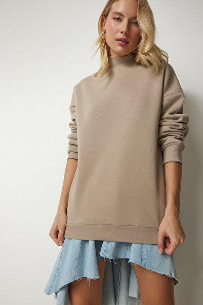 Happiness İstanbul Dámská mikina s límečkem Mink Stand Collar Basic Zvýšená mikina UB00166