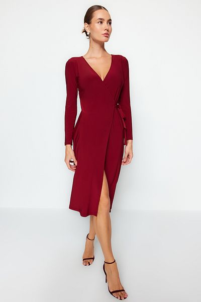 Trendyol Collection Rochie tricotată midi, cu curea, cu decolteu dublu, bordeaux TWOAW24EL00290