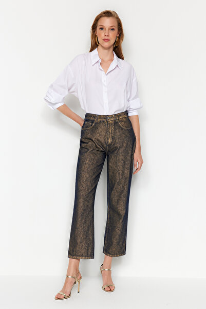 Trendyol Collection Χρυσό γυαλιστερό μεταλλικό εμπριμέ ψηλόμεσο μακρύ ίσιο τζιν TWOAW24JE00116