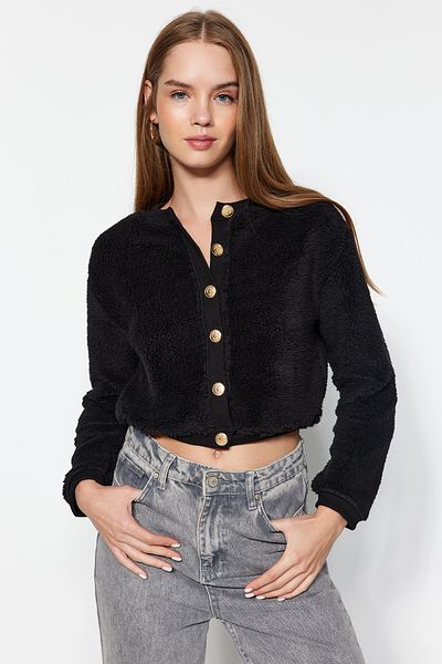 Trendyol Collection Black Gold Buttoned Plush Crop Knitted Cardigan TWOAW24HI00412