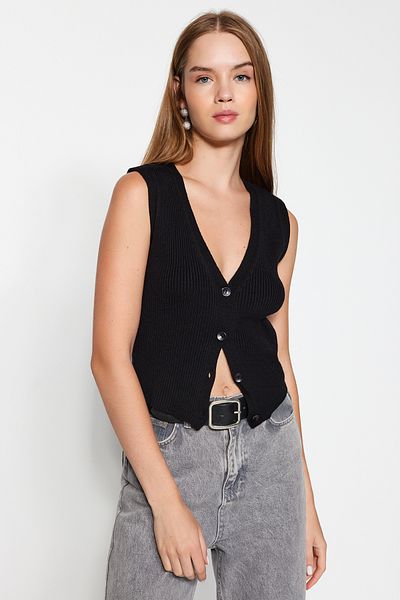 Trendyol Collection V-Neck Black Knitwear Vest - Premium Yarn TWOAW24SV00049
