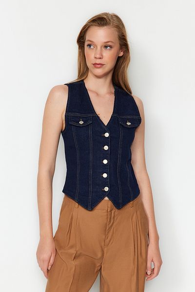 Trendyol Collection Tmavě modrá džínová vesta s výstřihem do V Twoaw24Ye00072