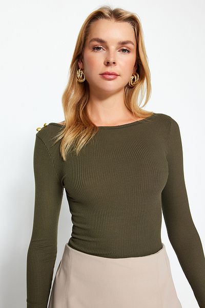 Trendyol Collection Λεπτομερής πλεκτή μπλούζα με μακρυμάνικο κουμπάκι χακί, με ραβδώσεις, με κανονική εφαρμογή, λεπτομερή πλεκτή μπλούζα TWOAW24BZ00052