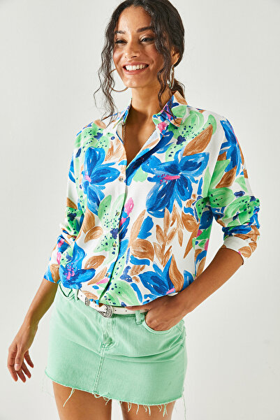 Olalook Women's Saks Blue Green Bat Oversize Linen Viscose Shirt GML-19001071