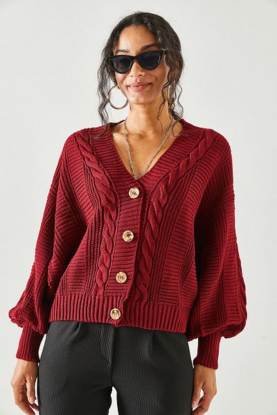 Olalook Cardigan din tricotaje împletit cu păr gros din Bordeaux pentru femei HRK-19000082