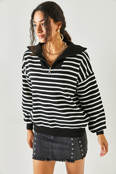 Olalook Pulover negru pentru femei, cu fermoar, cu guler mare, tricotaj, KZK-19000624