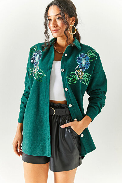 Olalook Γυναικείο πουκάμισο με λουλουδάτο σμαραγδί πράσινη παγιέτα με λεπτομερή στάμπα GML-19001145