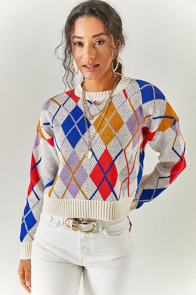 Olalook Ecrufarbener Strickpullover mit Rautenmuster für Damen KZK-19000622