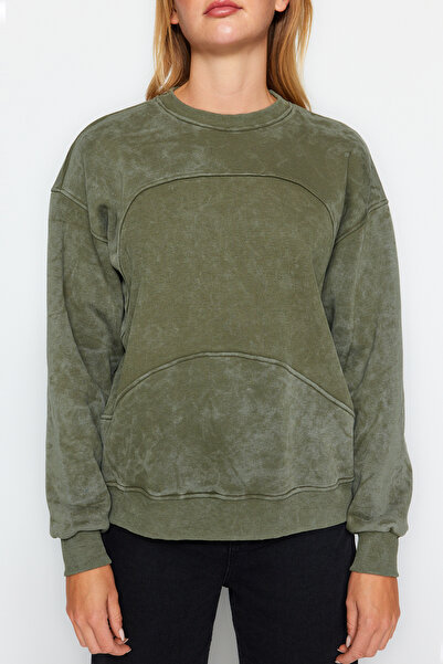 Trendyol Collection Khaki Antique/Bledý efekt Silný vnitřní fleece Oversize/Wide Fit Pletená mikina TWOAW24SW00193