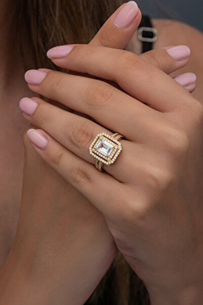 ALYANSEVİM Altın Kaplama Zirkon Taşlı Baget Gümüş Tektaş Yüzük