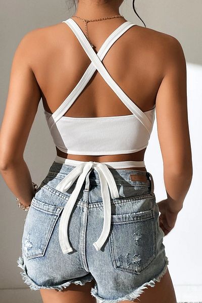 MADALİNA Bluză crop top cu bretele încrucișate din țesătură albă pentru femei