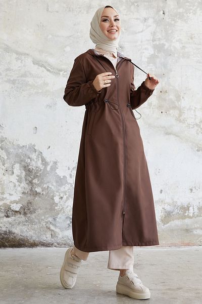 InStyle Layisa Striped Patterned Drawstring Waist Trench - Bitter Brown