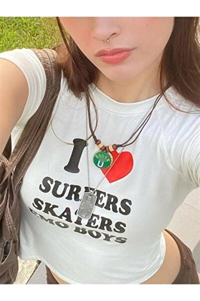 Gofeel I Love Surfers Pattern White Color Printed Crop Blouse Women T-Shirt Eza
