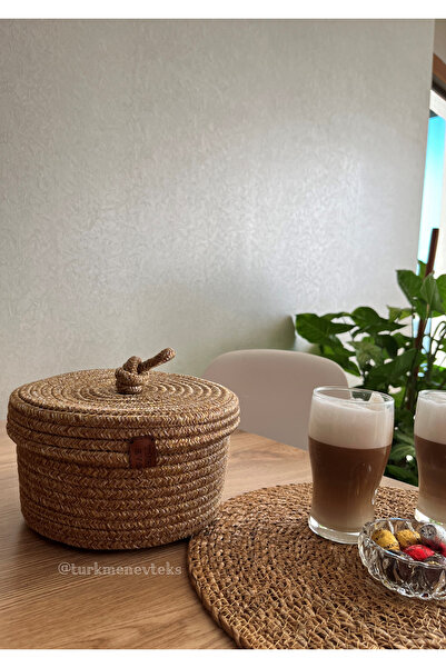 Türkmen Ev Tekstil سلة مطبخ من الجوت والخوص مع غطاء - ديكور ومنظم