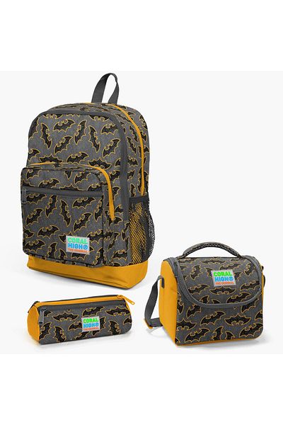 Yaygan Coral High Kids Dark Gray Mustard Bat Patterned 3-Piece School Bag Set