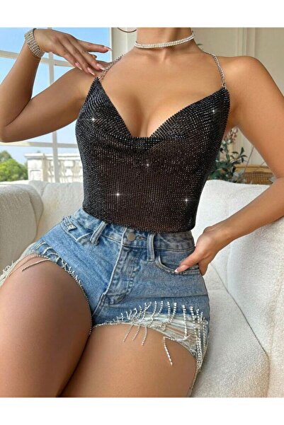 Genel Markalar PARLAK KRİSTAL TAŞLI BÜSTİYER ÜST, KOLSUZ TAŞLI CROP , KADIN ŞIK PARTİ KIYAFET