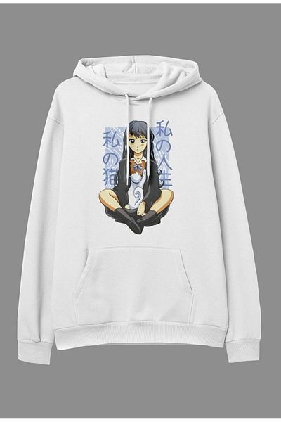 Pisa Art Υπερμεγέθη Anime Young Girl and Pet Cat Design Φούτερ με κουκούλα με στάμπα Unisex