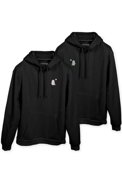 Pisa Art Oversize Dinosaur Couple Printed Lover Combination Μαύρο φούτερ με κουκούλα