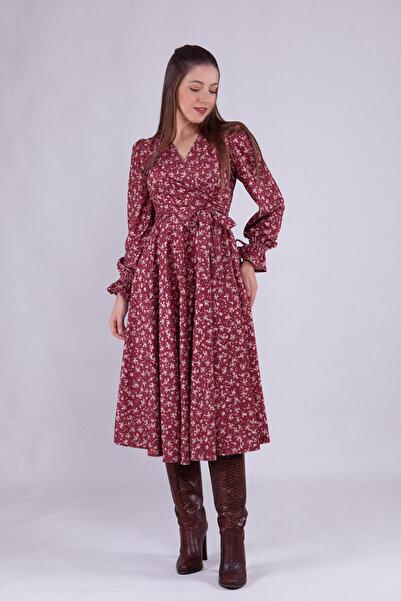 NO48 Açık Bordo Çiçek Desenli Midi Boy Kadife Kumaş Uzun Kol Elbise