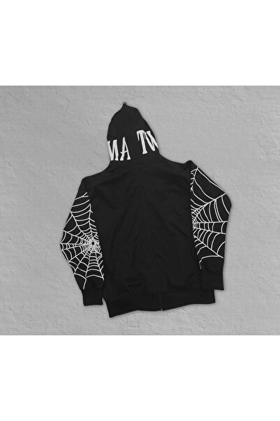 Örümcek Baskılı Tam Fermuarlı Hırka 3 Iplik Unisex Oversize Ceket