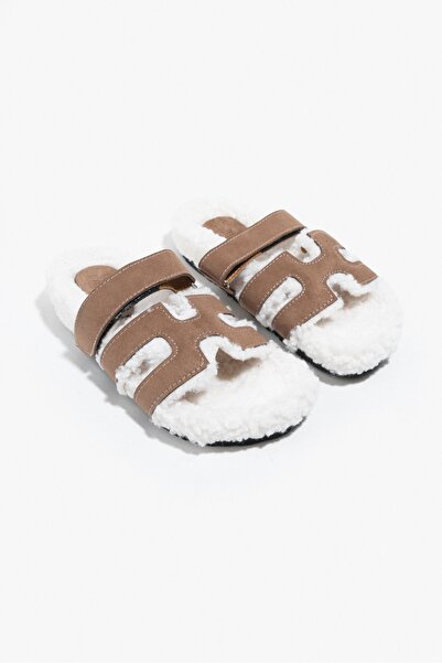 NİŞANTAŞI SHOES Papuci de damă cu talpă plată din piele intoarsa bej închis