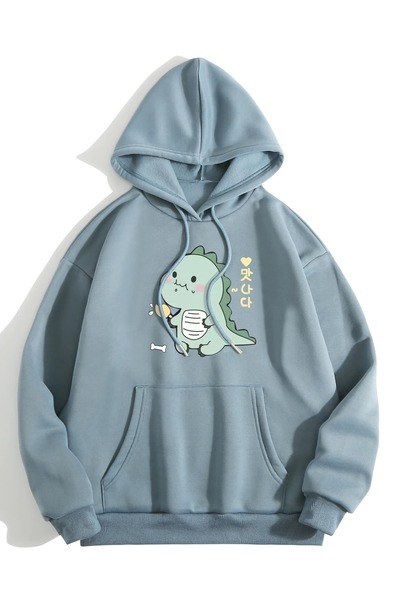 Adrift Hanorac cu glugă căptușită cu șnur cu desene animate și litere coreene...