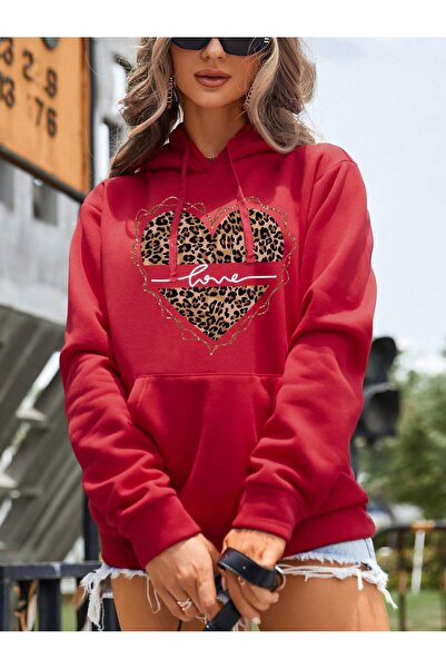 Adrift Κόκκινο κουκούλα με κορδόνι με στάμπα Leopard & Heart Kangaroo Pocket