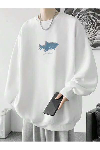 Adrift Pulover cu imprimeu litere și rechin, cu umeri căzuți, alb