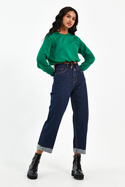 Crew Neck Stopper Detailed Crop Sweatshirt