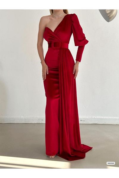 Varyete One Shoulder Belted Maxi Length Velvet Fabric Evening Dress for Wedding Engagement Promise Invitation