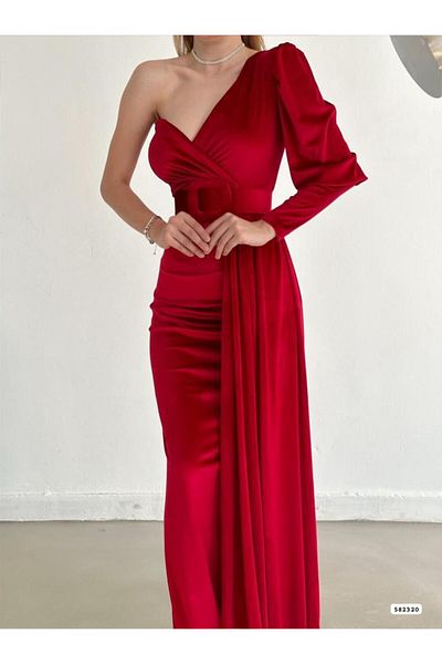 Varyete One Shoulder Belted Maxi Length Velvet Fabric Evening Dress for Wedding Engagement Promise Invitation