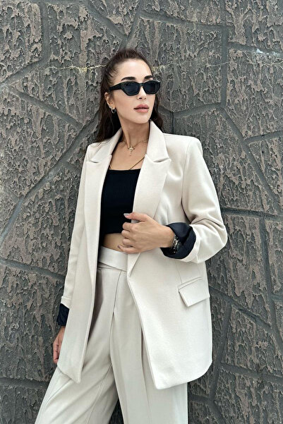 Modamesta kadın Bej Astarlı İthal Kaşe Ceket