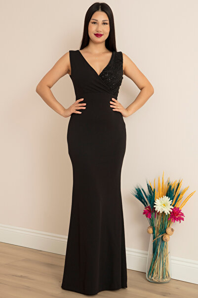 PULLIMM Kruvaze Yaka Uzun Balık Abiye Elbise 13213