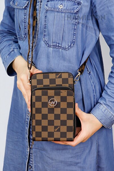 HAMILTON Koyu Kahve Kadın Kare Desenli Üç Gözlü Telefonluk Bölmeli Çapraz Ayarlanabilir Askılı Cüzdan Çanta