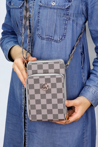 HAMILTON Λιλά Γυναικεία τσάντα πορτοφόλι με τετράγωνο σχέδιο, θήκη για τηλέφω...