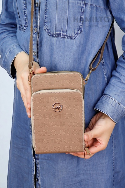 HAMILTON Koyu Vizon Kadın Baskı Desenli Üç Gözlü Telefonluk Bölmeli Çapraz Ay...