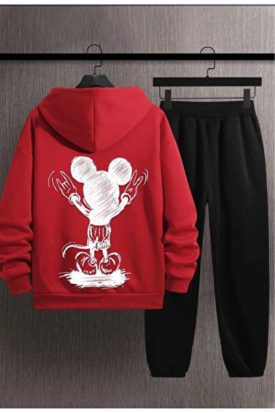 BENQE KİDS %100 PAMUK KAPÜŞONLU MİCKEY MAUSE SIRT BASKILI ERKEK ÇOCUK EŞOFMAN TAKIMI