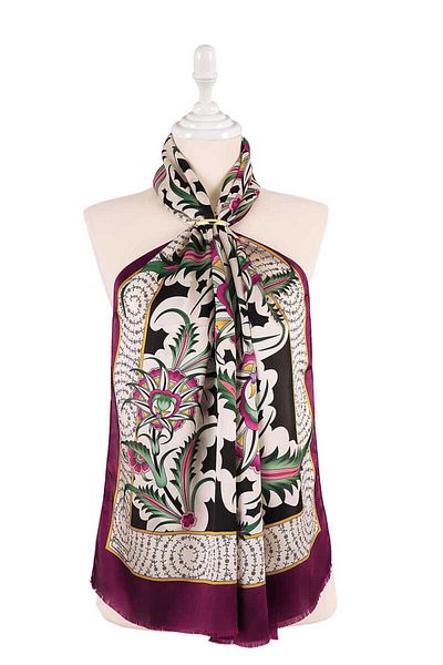 Bursa İpek Plum Golden Horn Pattern Silk Scarf