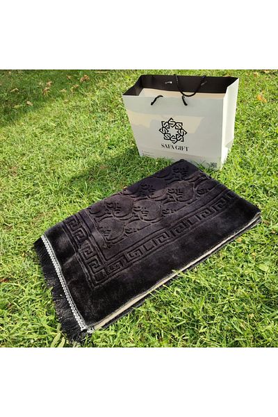 Safa Gift Luxury Thick Soft Plush Non-Slip Leather Based Gift Dowry Prayer Rug BLACK PLUSH SECCADE