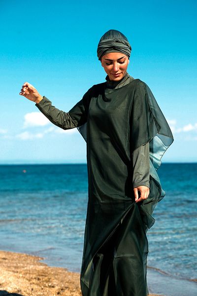 Marina Kaftan Kimono Pareo on Khaki Hijab Swimsuit P2202