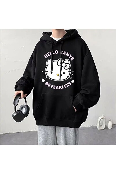 DEEFWEAR Hanorac negru unisex cu glugă, cu imprimeu supradimensionat, din țes...