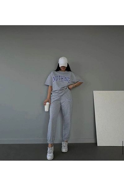 AFROGİYİM Women's Nothing Printed Combed Cotton Short Sleeve Tracksuit Set