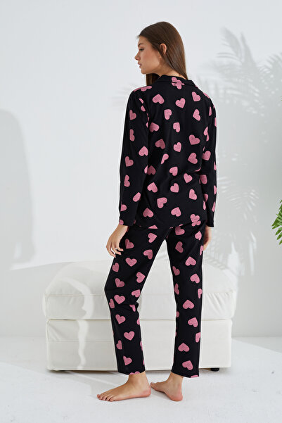 Siyah İnci black and pink heart patterned cotton button-down pajama set