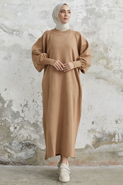 InStyle Πλεκτό Φόρεμα Mina Balloon Sleeve - Milky Brown