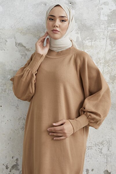 InStyle Πλεκτό Φόρεμα Mina Balloon Sleeve - Milky Brown