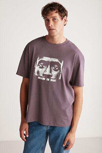 GRIMELANGE Tricou Drake pentru bărbați, cu formă supradimensionată, 100% bumbac, cu texturi groase, imprimate