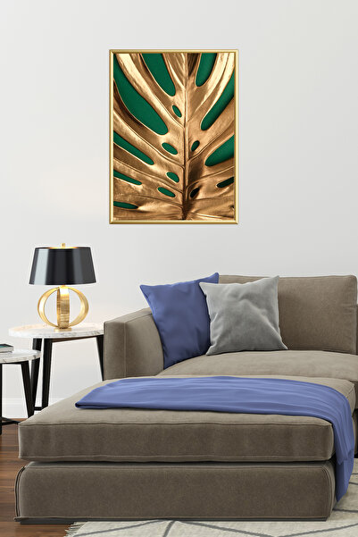 Linacci Poster de pictură pe sticlă cu ramă din aluminiu auriu cu frunze verzi