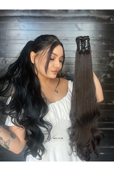 Suzan Peruk Tak ve Çık Postiş Tokalı Dalgalı At Kuyruğu - Kahverengi 80cm