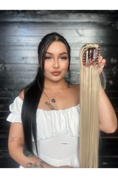 Suzan Peruk 70cm Postiş Tokalı Düz At Kuyruğu - Kumral Beyaz Platin Röfleli