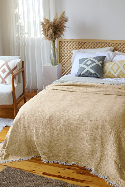 vivamaison Çift Kişilik Pike Yatak Örtüsü 4 Kat Müslin Pamuklu Çift Taraflı Latte Renkli 220x240 cm